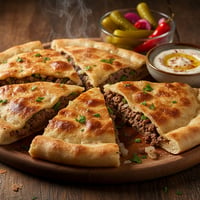 حواوشي، خبز ذهبي محشو باللحم المفروم المتبّل مقطّع إلى أجزاء، يقدَّم مع الطحينة والمخلل