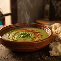 بصارا مغربية، شوربة فول كريمية بزيت الزيتون والكمون والبابريكا مع الخبز