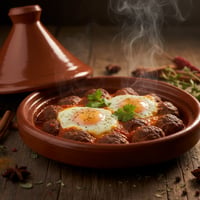 طاجين كفتة مغربي بكرات اللحم المتبّلة والبيض في صلصة الطماطم، يقدَّم في طبق طاجين فخاري