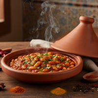 طاجين لوبيا مغربي بالفاصوليا البيضاء في صلصة الطماطم والثوم الحارة مع الكزبرة في طبق طاجين فخاري