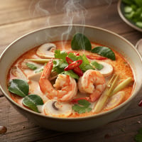 شوربة توم يم تايلندية بالروبيان والفطر وعشب الليمون والفلفل الحار في مرق حار