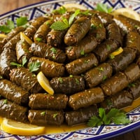 لفائف ورق عنب مرصوصة حلقات فوق بعضها في طبق خزفي أزرق منقوش، لامعة بزيت الزيتون، وحولها شرائح ليمون ونعناع وبقدونس
