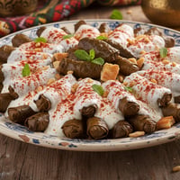 طبق فته ورق عنب يحتوي على ورق عنب ملفوفة مغطاة بكريمة بيضاء وخبز محمص على طبق مزخرف.