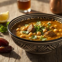 شوربة حريرة مغربية تقليدية بالحمص وقطع اللحم الطرية والكزبرة الطازجة في وعاء فخاري مزخرف، تقدَّم مع التمر وشريحة ليمون على طاولة خشبية