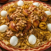 رفيسة مغربية بدجاجة كاملة فوق المسمن المفتت والعدس مع مرق الزعفران والبيض المسلوق والكزبرة