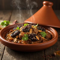 طاجين لحم مغربي بالبرقوق المكرمل واللوز المحمص والسمسم في طبق طاجين فخاري مع البخار المتصاعد