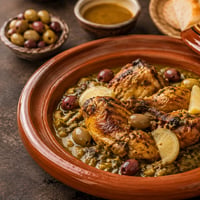 طاجين دجاج مغربي بالزيتون الأخضر والليمون المخلل في صلصة الزعفران الذهبية، يقدَّم في طبق طاجين فخاري