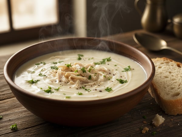 شوربة دجاج كريمة بالدجاج المسحّب والكريمة والبقدونس الطازج مع الخبز