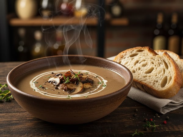 شوربة ماشروم كريمية بالفطر السوتيه والكريمة والزعتر مع الخبز
