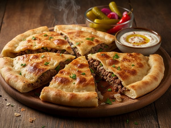 حواوشي، خبز ذهبي محشو باللحم المفروم المتبّل مقطّع إلى أجزاء، يقدَّم مع الطحينة والمخلل
