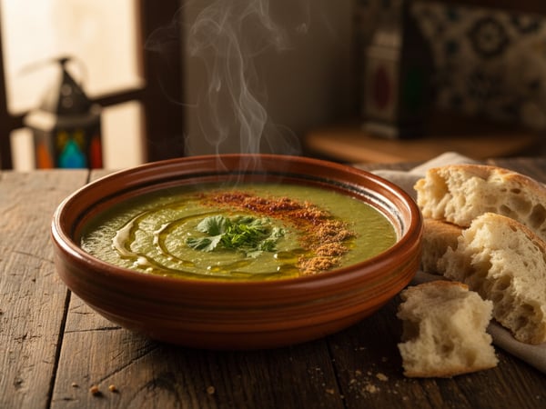 بصارا مغربية، شوربة فول كريمية بزيت الزيتون والكمون والبابريكا مع الخبز
