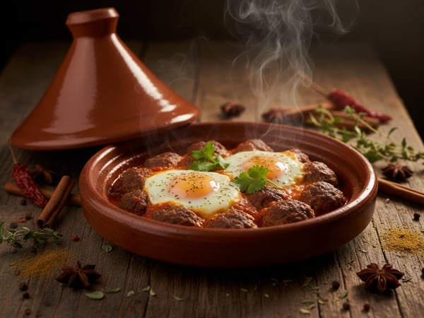 طاجين كفتة مغربي بكرات اللحم المتبّلة والبيض في صلصة الطماطم، يقدَّم في طبق طاجين فخاري