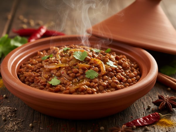 طاجين عدس مغربي بصلصة الطماطم والبصل المتبّلة مع الكزبرة في طبق طاجين فخاري