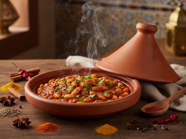 طاجين لوبيا مغربي بالفاصوليا البيضاء في صلصة الطماطم والثوم الحارة مع الكزبرة في طبق طاجين فخاري