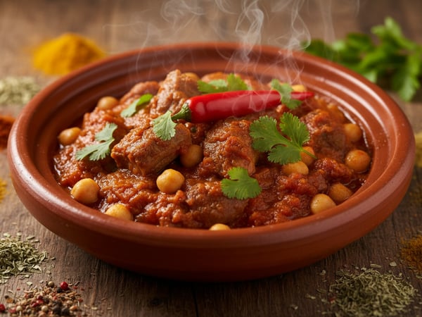 تقلية مغربية بقطع اللحم الطرية والحمص في صلصة الطماطم والثوم الحارة في طبق طاجين فخاري