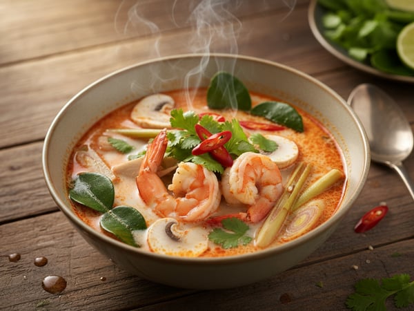 شوربة توم يم تايلندية بالروبيان والفطر وعشب الليمون والفلفل الحار في مرق حار