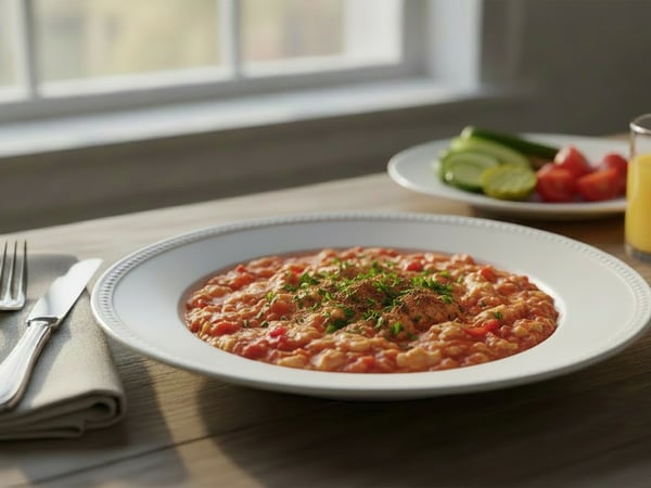 A dish of shakshuka, mixed with eggs and lightly tomatoed, served in an elegant bowl, alongside a plate of chopped vegetables including cucumbers, tomatoes, and pickles.