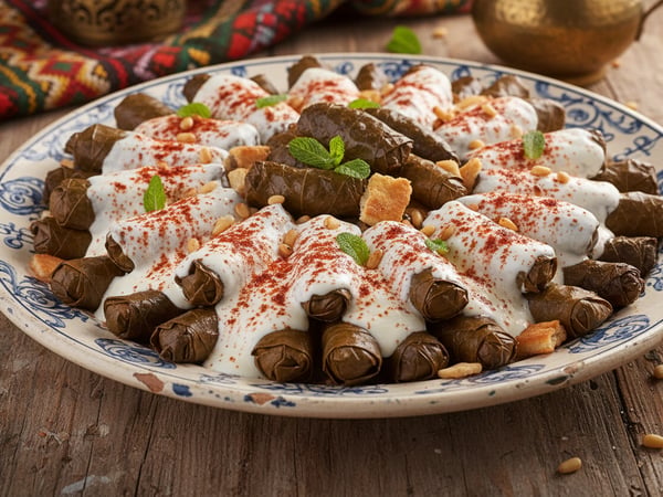 طبق فته ورق عنب يحتوي على ورق عنب ملفوفة مغطاة بكريمة بيضاء وخبز محمص على طبق مزخرف.