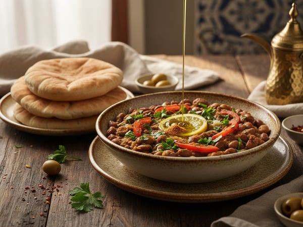 طبق من الفول مع خبز البيتا على طاولة خشبية