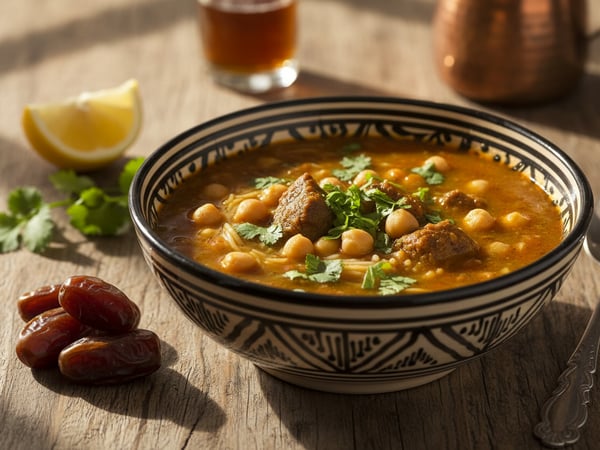 شوربة حريرة مغربية تقليدية بالحمص وقطع اللحم الطرية والكزبرة الطازجة في وعاء فخاري مزخرف، تقدَّم مع التمر وشريحة ليمون على طاولة خشبية