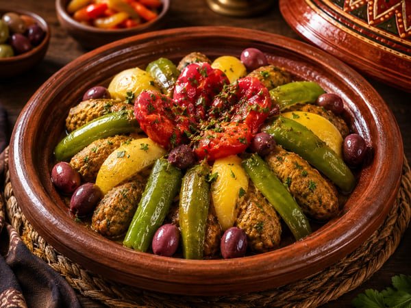 طاجين حوت مغربي بشرملة السمك والفلفل الملون والزيتون والليمون المخلل في طبق طاجين فخاري