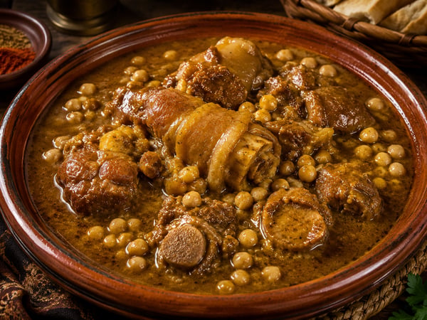 كراعين مغربية (هرغمة) مطهوة ببطء مع الحمص والقمح في صلصة ذهبية غنية في طبق طاجين فخاري