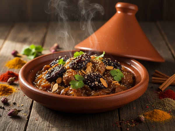 طاجين لحم مغربي بالبرقوق المكرمل واللوز المحمص والسمسم في طبق طاجين فخاري مع البخار المتصاعد