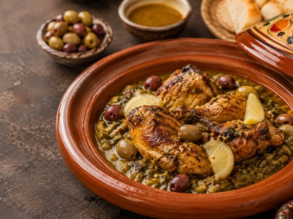 طاجين دجاج مغربي بالزيتون الأخضر والليمون المخلل في صلصة الزعفران الذهبية، يقدَّم في طبق طاجين فخاري
