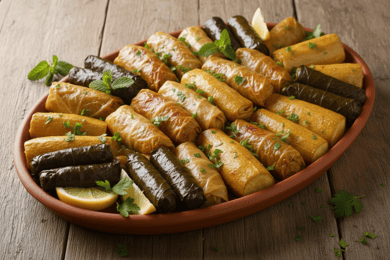 حبات كوسا بحشوة الأرز ومحشي ملفوف وأصابع ورق عنب مرصوصة صفوفا في طبق فخاري بيضاوي، منثور فوقها بقدونس مفروم، وحولها أغصان نعناع وشرائح ليمون، على طاولة خشبية