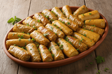 محشي ملفوف وحبات كوسا بحشوة الأرز كاملة في طبق فخاري بيضاوي، فوقها بقدونس مفروم وبجانبها غصن نعناع على طاولة خشبية