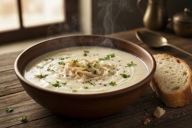 شوربة دجاج كريمة بالدجاج المسحّب والكريمة والبقدونس الطازج مع الخبز