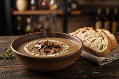 شوربة ماشروم كريمية بالفطر السوتيه والكريمة والزعتر مع الخبز