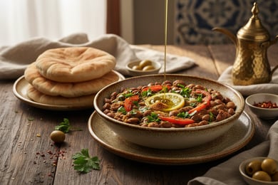 طبق من الفول مع خبز البيتا على طاولة خشبية