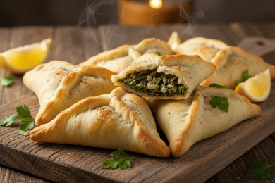 المعجنات المحشوة ذات اللون الذهبي البني موضوعة على لوح خشبي، وقد تم فتح إحداها لتظهر حشوة السبانخ الخضراء. تظهر قطع الليمون والبقدونس والبخار حول المعجنات على طاولة خشبية ريفية. kawmat min al