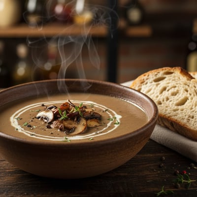 شوربة ماشروم كريمية بالفطر السوتيه والكريمة والزعتر مع الخبز