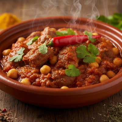 تقلية مغربية بقطع اللحم الطرية والحمص في صلصة الطماطم والثوم الحارة في طبق طاجين فخاري