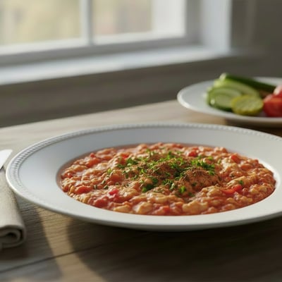 A dish of shakshuka, mixed with eggs and lightly tomatoed, served in an elegant bowl, alongside a plate of chopped vegetables including cucumbers, tomatoes, and pickles.