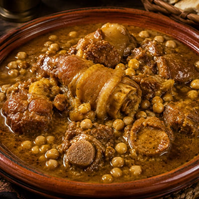 كراعين مغربية (هرغمة) مطهوة ببطء مع الحمص والقمح في صلصة ذهبية غنية في طبق طاجين فخاري