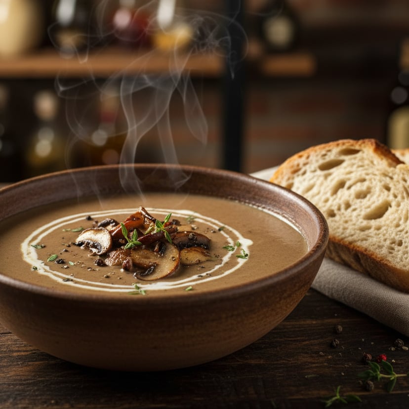 شوربة ماشروم كريمية بالفطر السوتيه والكريمة والزعتر مع الخبز