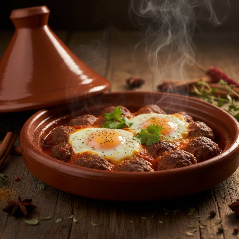 طاجين كفتة مغربي بكرات اللحم المتبّلة والبيض في صلصة الطماطم، يقدَّم في طبق طاجين فخاري