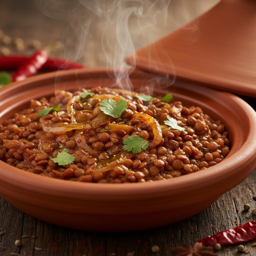 طاجين عدس مغربي بصلصة الطماطم والبصل المتبّلة مع الكزبرة في طبق طاجين فخاري