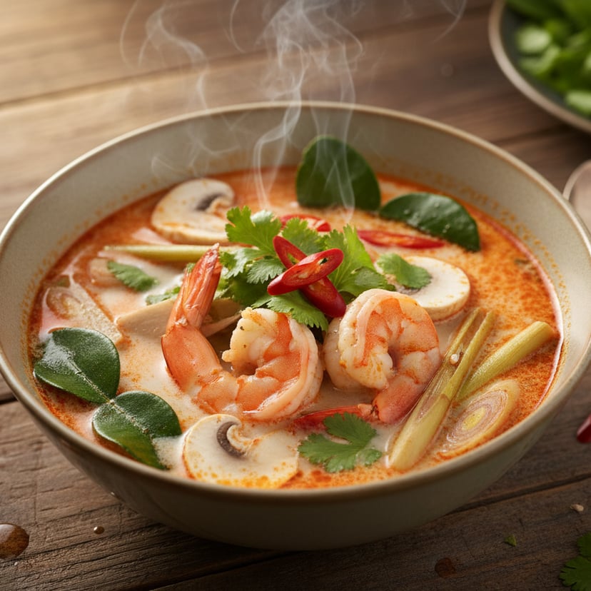 شوربة توم يم تايلندية بالروبيان والفطر وعشب الليمون والفلفل الحار في مرق حار