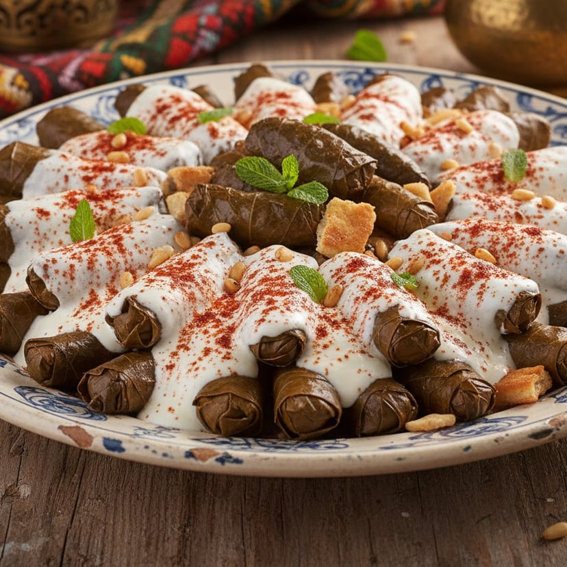 طبق فته ورق عنب يحتوي على ورق عنب ملفوفة مغطاة بكريمة بيضاء وخبز محمص على طبق مزخرف.