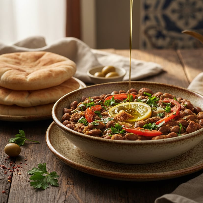 طبق من الفول مع خبز البيتا على طاولة خشبية