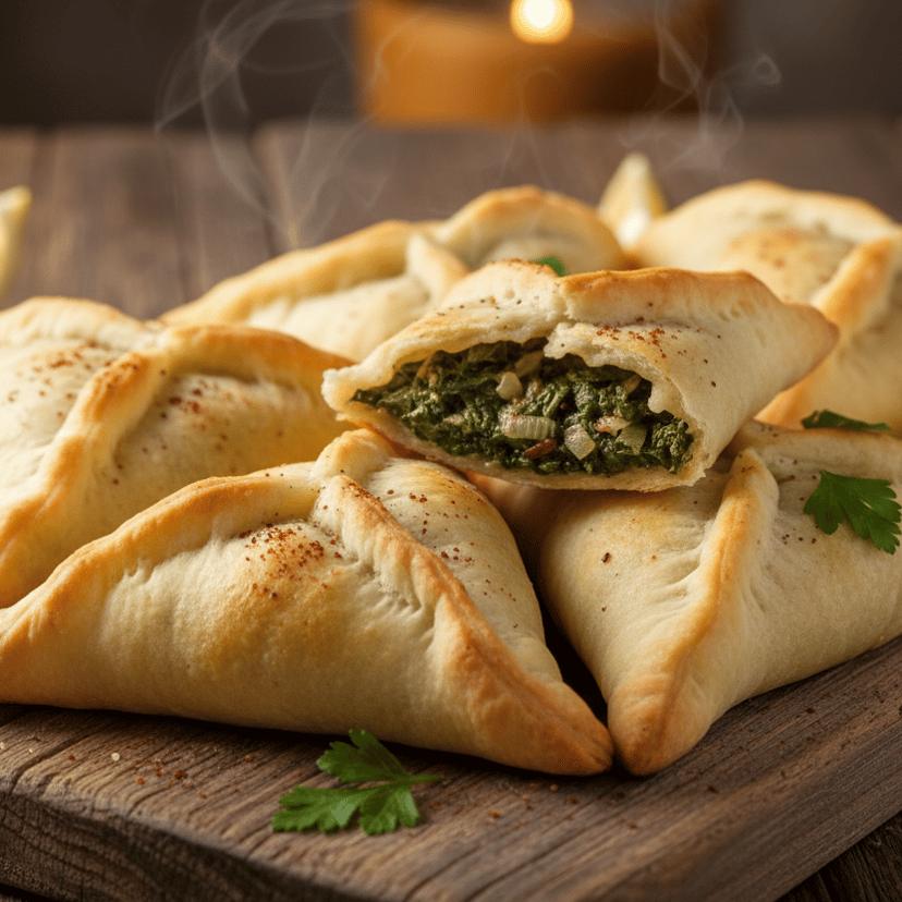 المعجنات المحشوة ذات اللون الذهبي البني موضوعة على لوح خشبي، وقد تم فتح إحداها لتظهر حشوة السبانخ الخضراء. تظهر قطع الليمون والبقدونس والبخار حول المعجنات على طاولة خشبية ريفية. kawmat min al