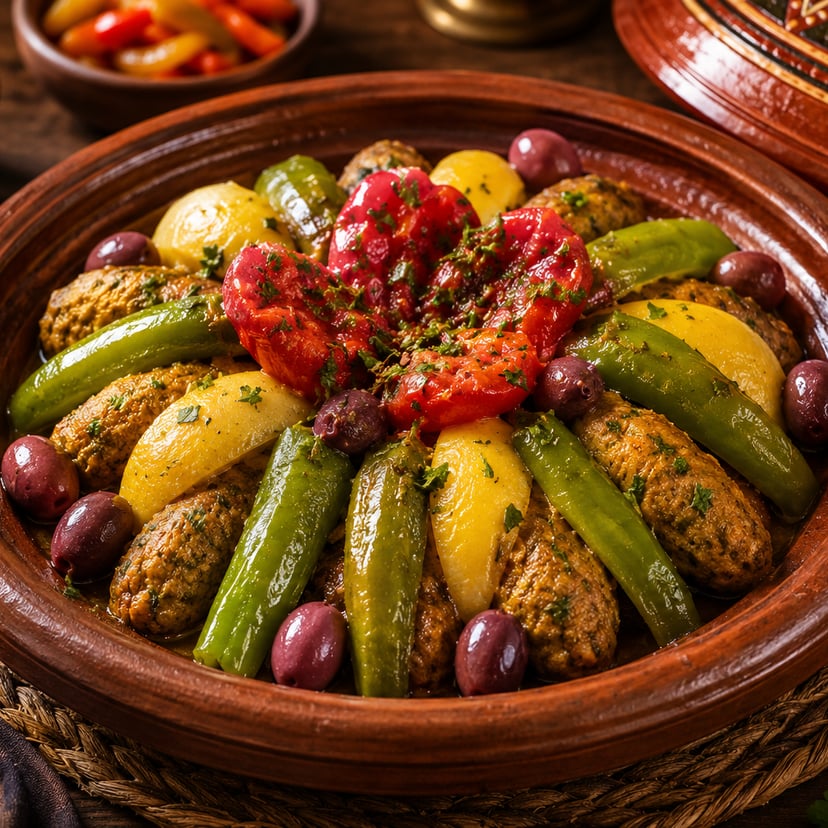 طاجين حوت مغربي بشرملة السمك والفلفل الملون والزيتون والليمون المخلل في طبق طاجين فخاري