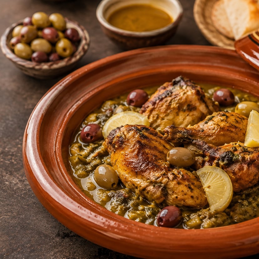 طاجين دجاج مغربي بالزيتون الأخضر والليمون المخلل في صلصة الزعفران الذهبية، يقدَّم في طبق طاجين فخاري