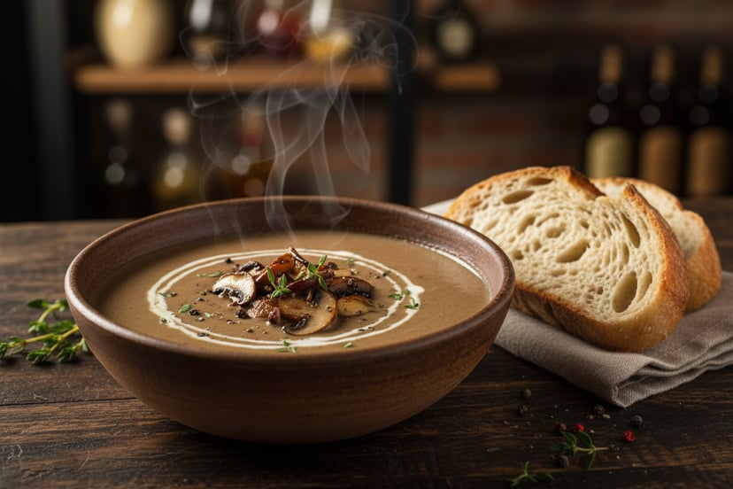 شوربة ماشروم كريمية بالفطر السوتيه والكريمة والزعتر مع الخبز