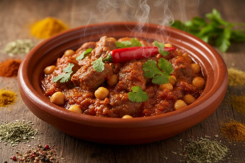 تقلية مغربية بقطع اللحم الطرية والحمص في صلصة الطماطم والثوم الحارة في طبق طاجين فخاري