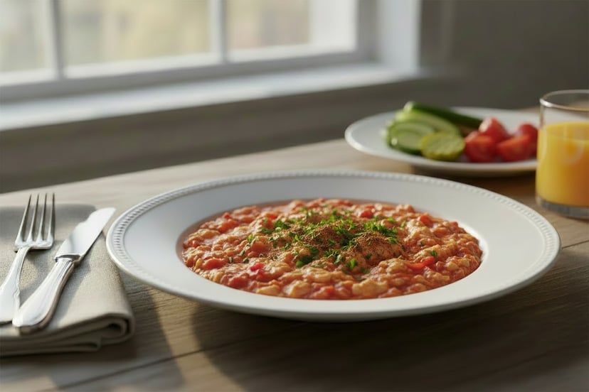 A dish of shakshuka, mixed with eggs and lightly tomatoed, served in an elegant bowl, alongside a plate of chopped vegetables including cucumbers, tomatoes, and pickles.